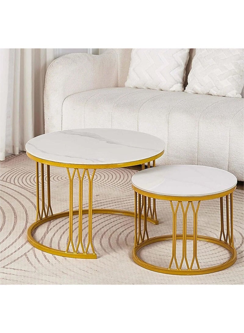 DubaiGallery Luxury Modern Nested Coffee Table Set of 2 with White Marble Finish Top and Gold Metal Frame, Round Living Room Center Tables, Space Saving Design with Size 70×45cm and 50×38cm for Home and Office Décor - Image 1